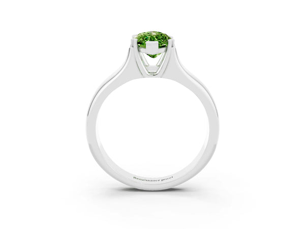 Platinum Marquise Cut Peridot Solitaire Ring with Wide Band and Prong Setting
