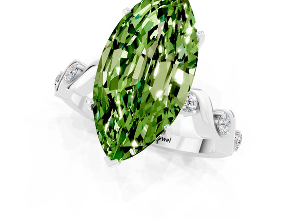 Silver Marquise Cut Peridot Solitaire Twisted Band with Round  Accents and Prong Setting