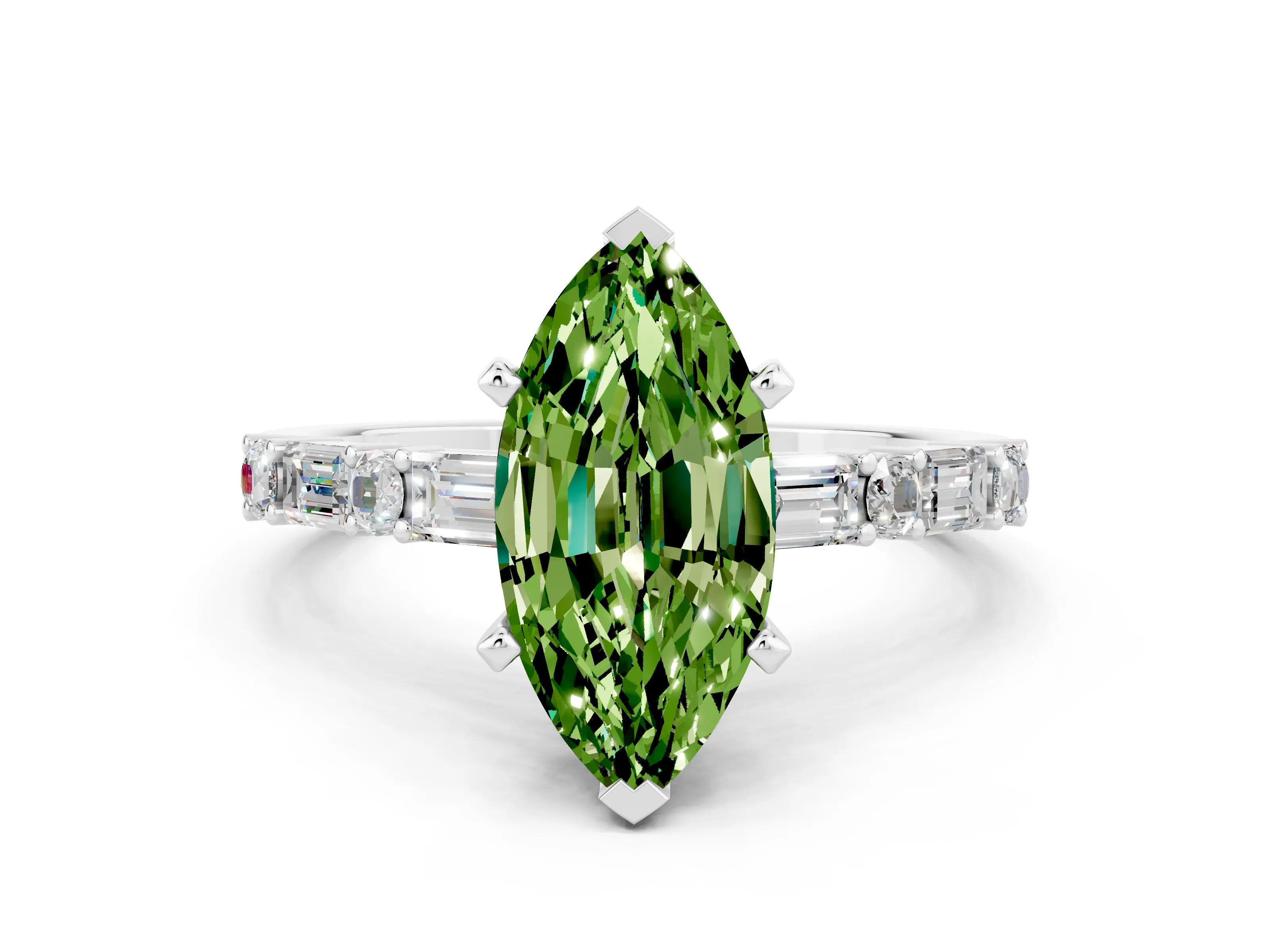 White gold Marquise Cut Peridot Solitaire with Side Baguettes and Channel Set Band