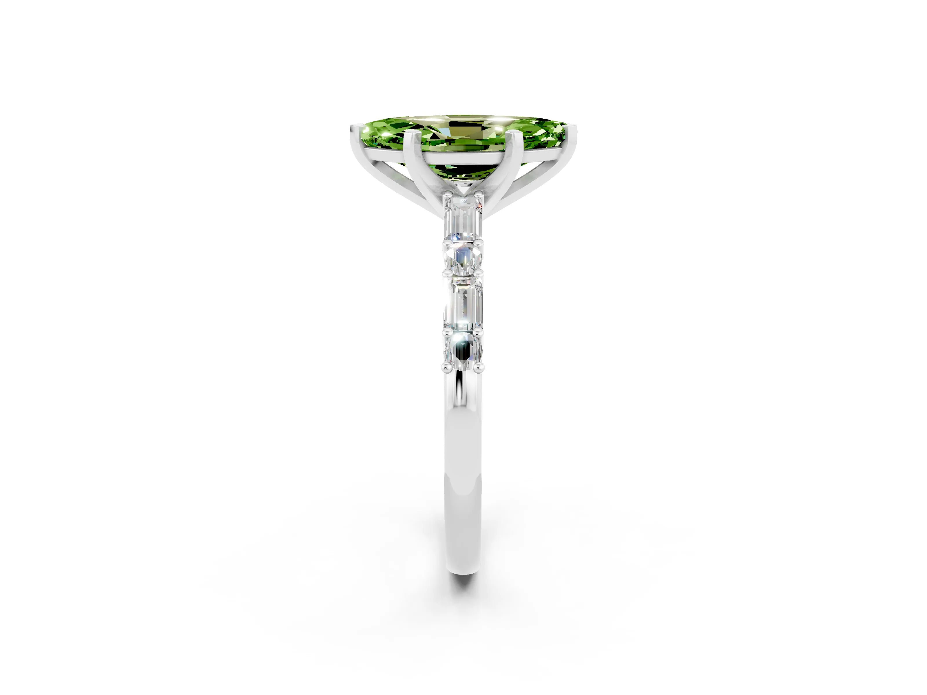 White gold Marquise Cut Peridot Solitaire with Side Baguettes and Channel Set Band_2