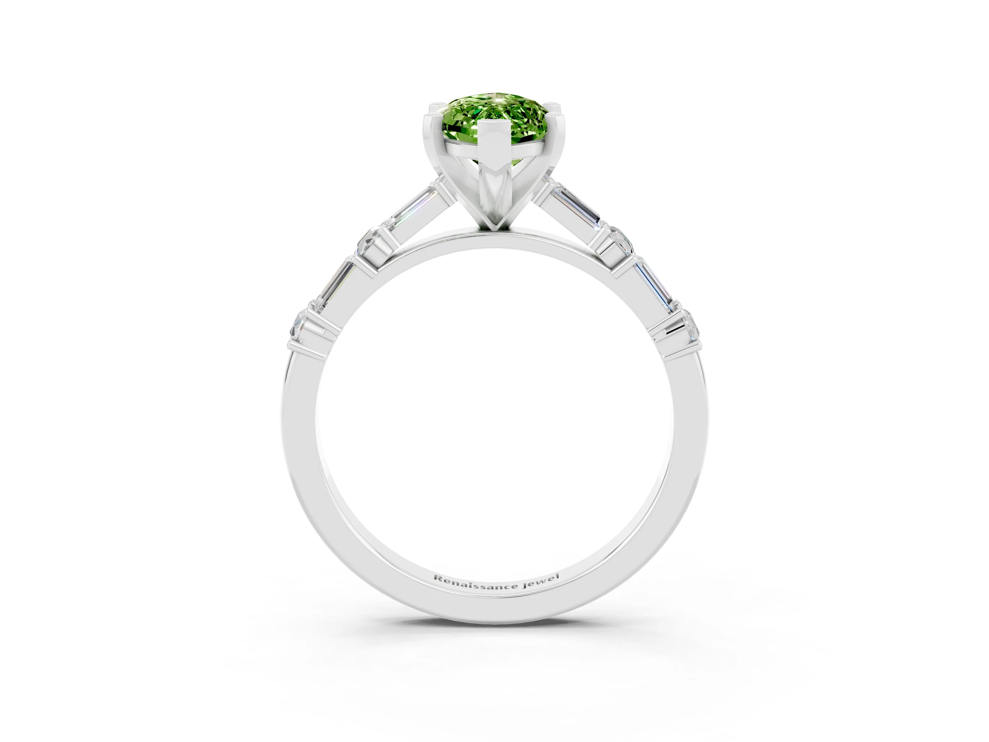 White gold Marquise Cut Peridot Solitaire with Side Baguettes and Channel Set Band_3