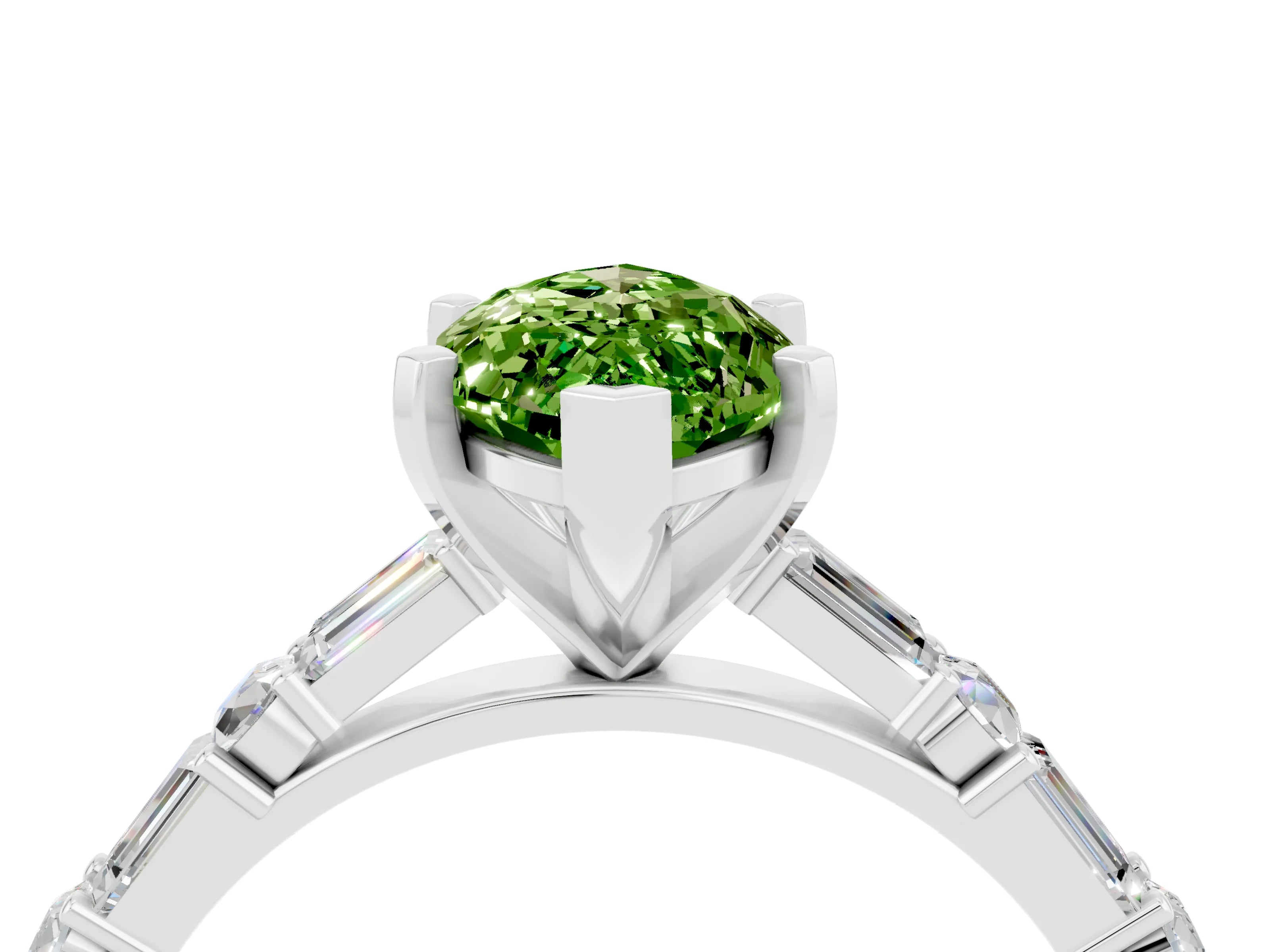White gold Marquise Cut Peridot Solitaire with Side Baguettes and Channel Set Band_4