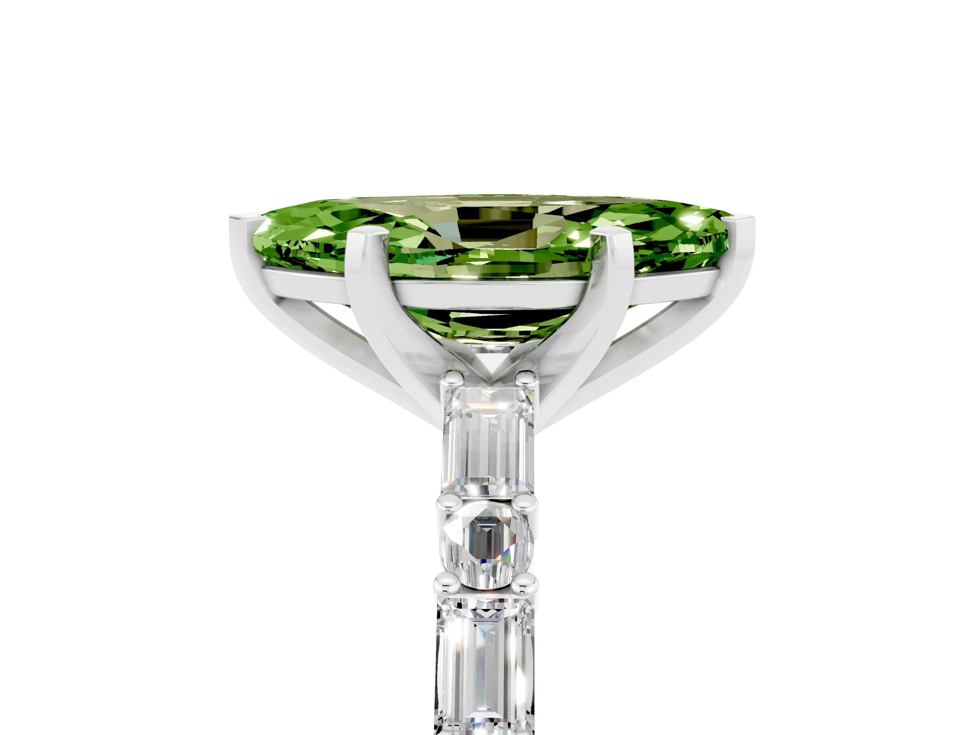 White gold Marquise Cut Peridot Solitaire with Side Baguettes and Channel Set Band_5