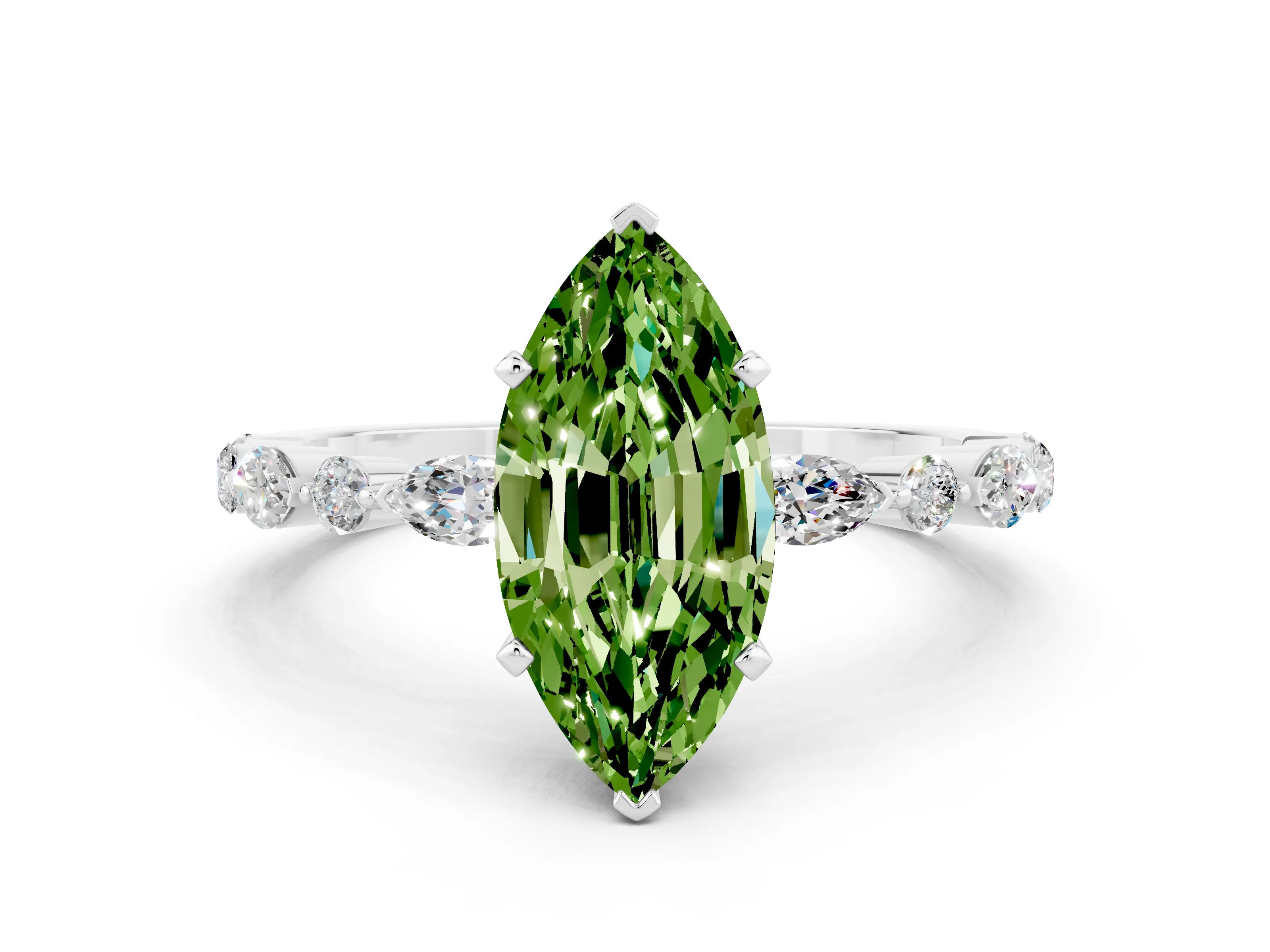 White gold Marquise Cut Peridot Solitaire with Side Stones on a Pavé Band and Four-Prong Setting