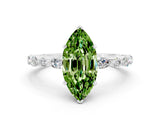 White gold Marquise Cut Peridot Solitaire with Side Stones on a Pavé Band and Four-Prong Setting