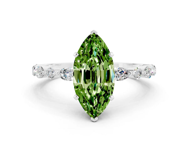 Platinum Marquise Cut Peridot Ring with Marquise and Round  Side Stones and Four-Prong Setting