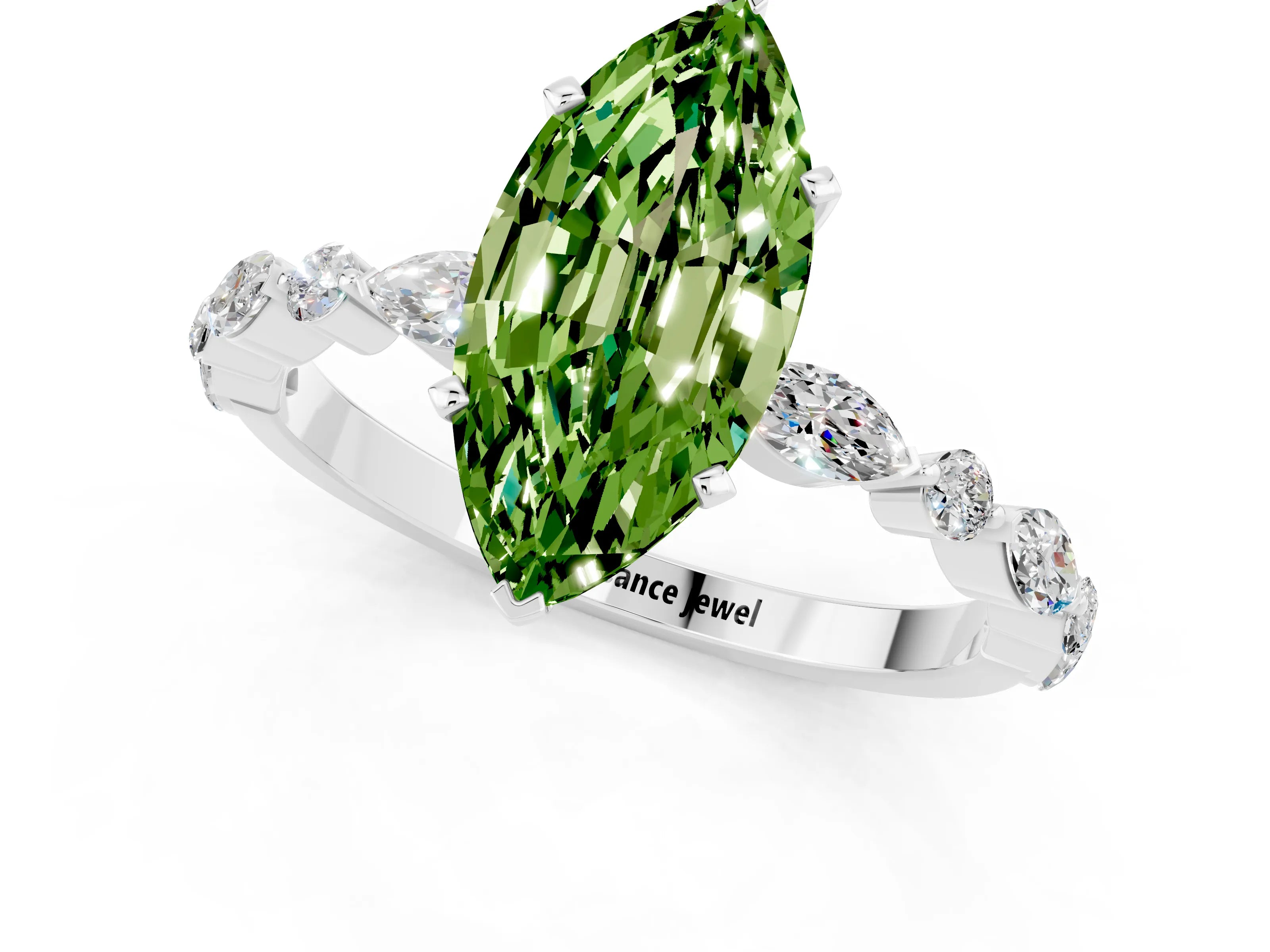 White gold Marquise Cut Peridot Solitaire with Side Stones on a Pavé Band and Four-Prong Setting_1