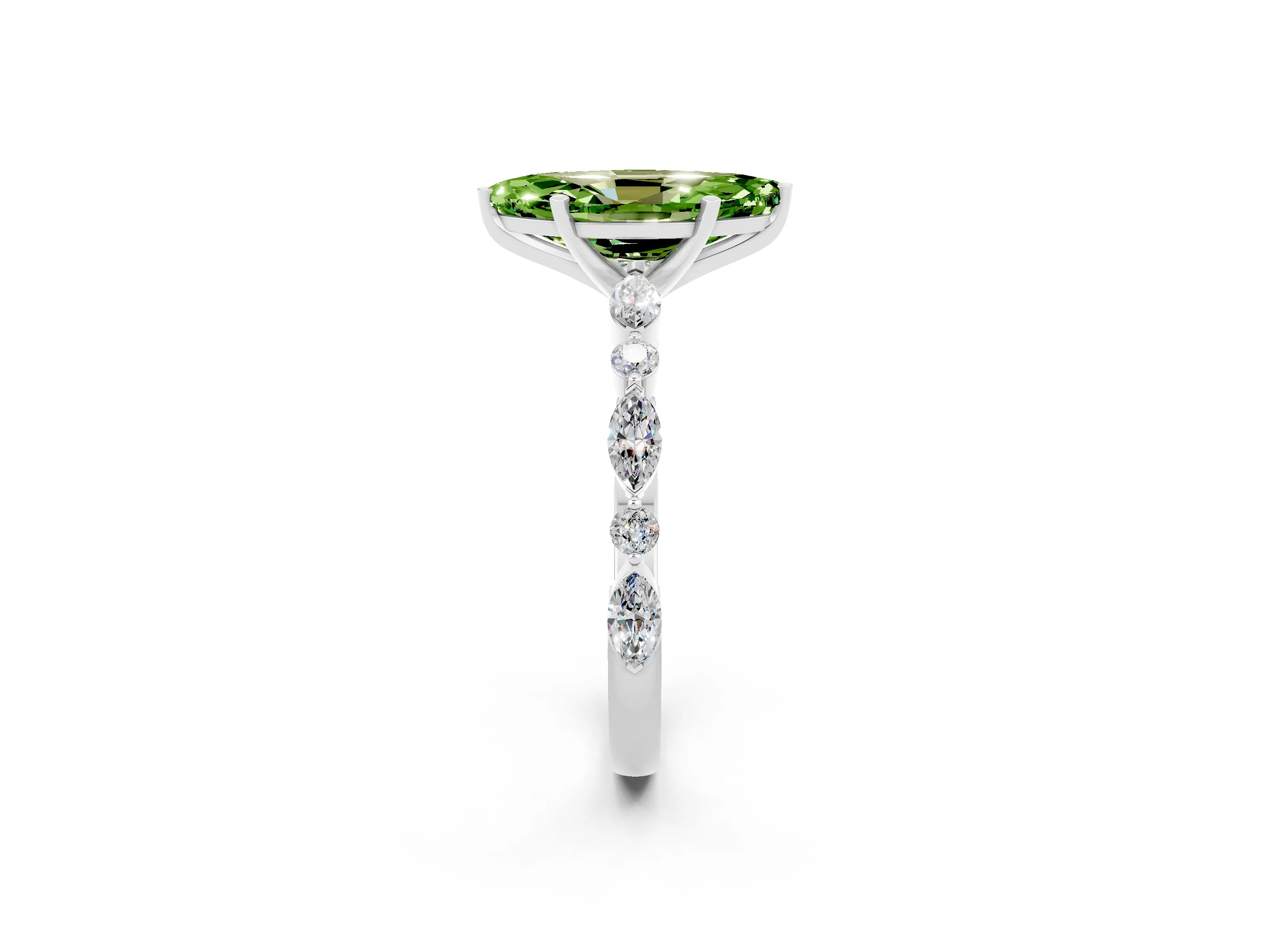 White gold Marquise Cut Peridot Solitaire with Side Stones on a Pavé Band and Four-Prong Setting_2