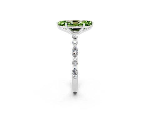 White gold Marquise Cut Peridot Solitaire with Side Stones on a Pavé Band and Four-Prong Setting_2