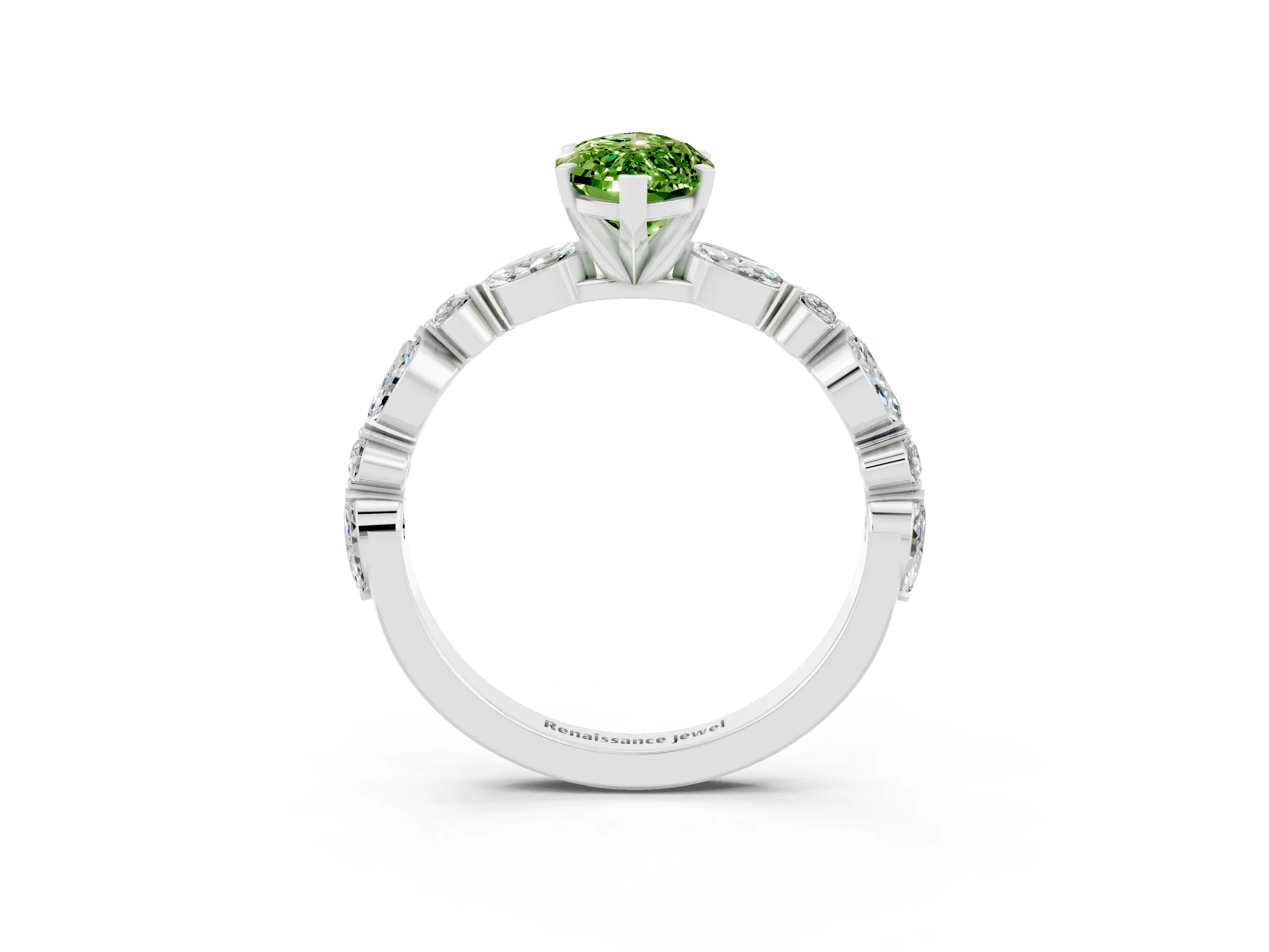 White gold Marquise Cut Peridot Solitaire with Side Stones on a Pavé Band and Four-Prong Setting_3