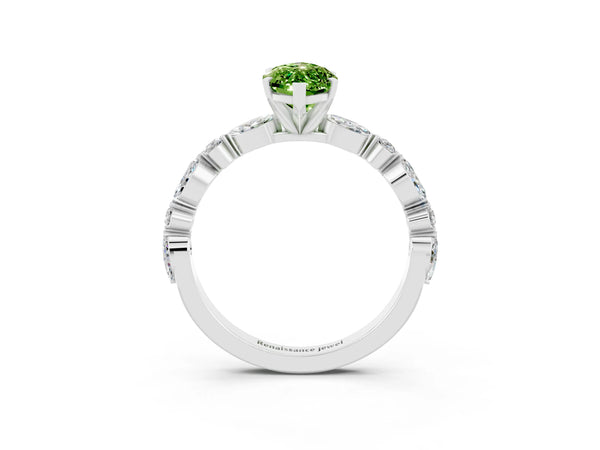 Platinum Marquise Cut Peridot Ring with Marquise and Round  Side Stones and Four-Prong Setting