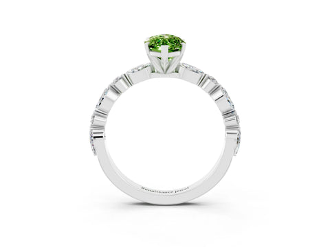 White gold Marquise Cut Peridot Solitaire with Side Stones on a Pavé Band and Four-Prong Setting_3