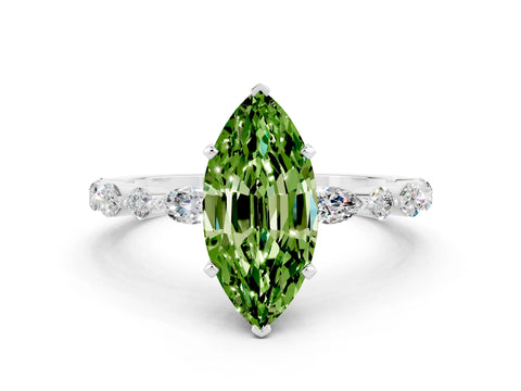 White gold Marquise Cut Peridot Solitaire with Side Stones on a Pavé Band and Four-Prong Setting
