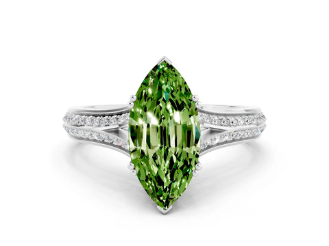 White gold Marquise Cut Peridot Split Shank Engagement Ring with Pavé Band