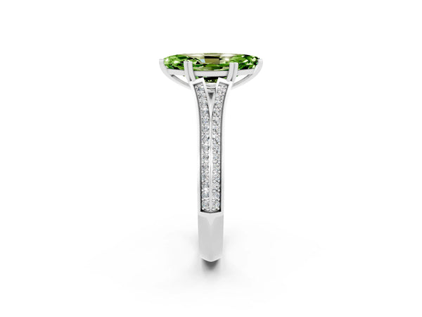 White gold Marquise Cut Peridot Split Shank Engagement Ring with Pavé Band