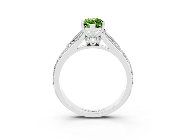 Silver Marquise Cut Peridot Split Shank Engagement Ring with Pavé Band