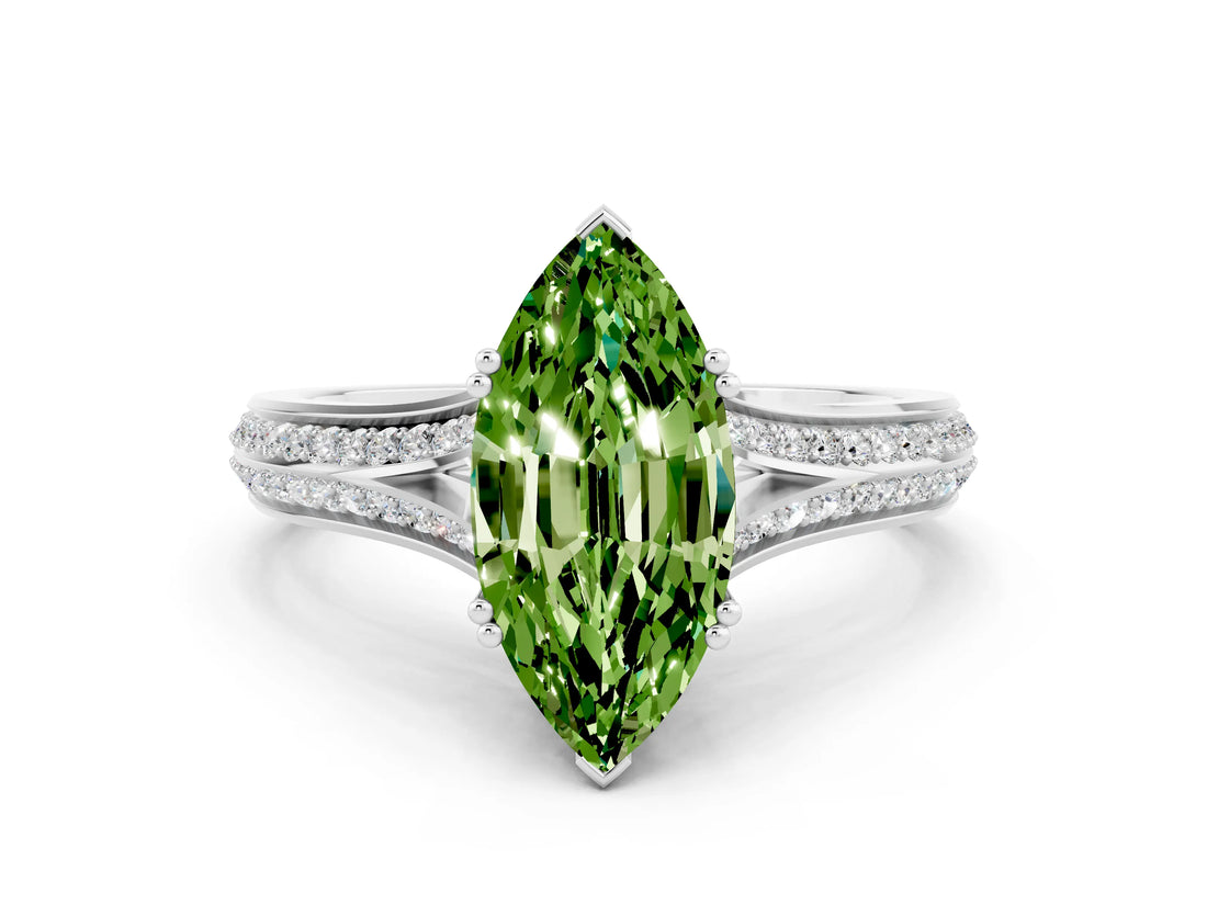 White gold Marquise Cut Peridot Split Shank Engagement Ring with Pavé Band