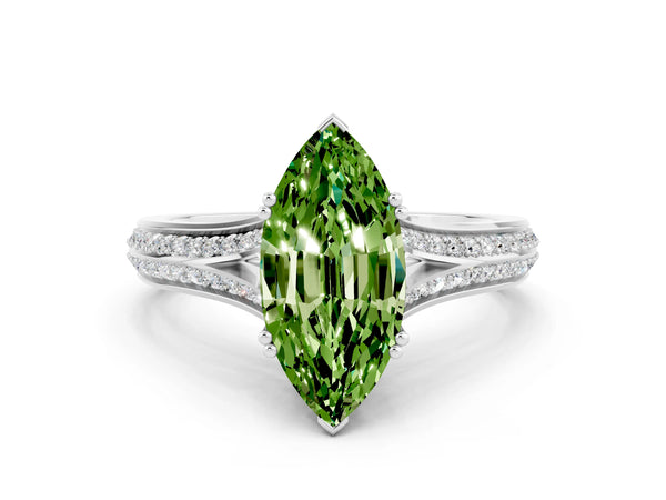 Silver Marquise Cut Peridot Split Shank Engagement Ring with Pavé Band