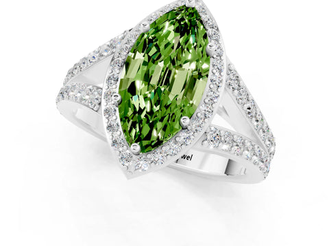 White gold Marquise Cut Peridot Split Shank Halo Ring with Four-Prong Setting_13
