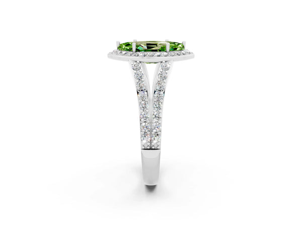 Platinum Marquise Cut Peridot Split Shank Halo Ring with Four-Prong Setting