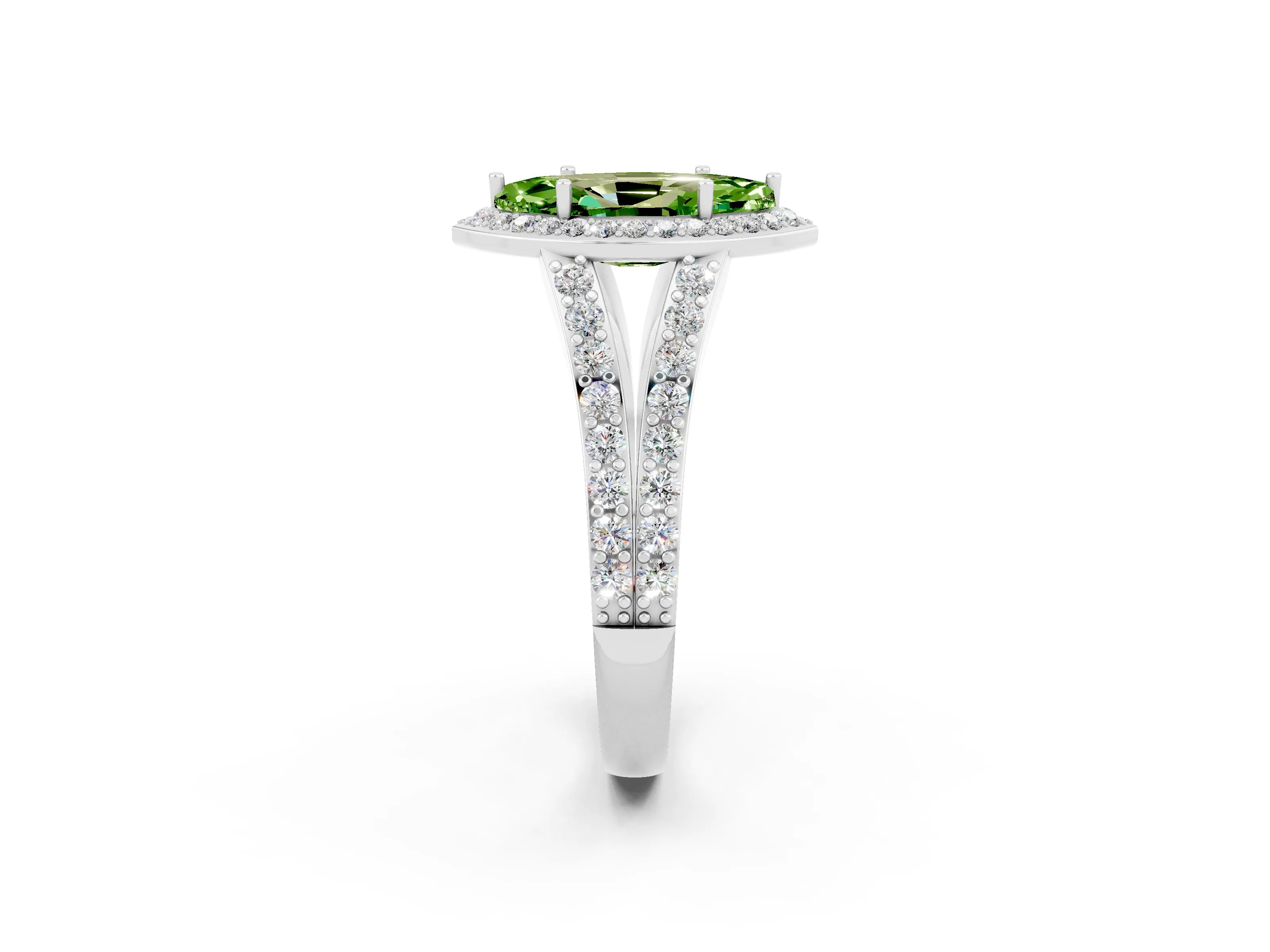 White gold Marquise Cut Peridot Split Shank Halo Ring with Four-Prong Setting_14