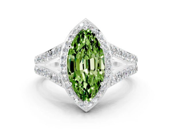 White gold Marquise Cut Peridot Split Shank Halo Ring with Four-Prong Setting