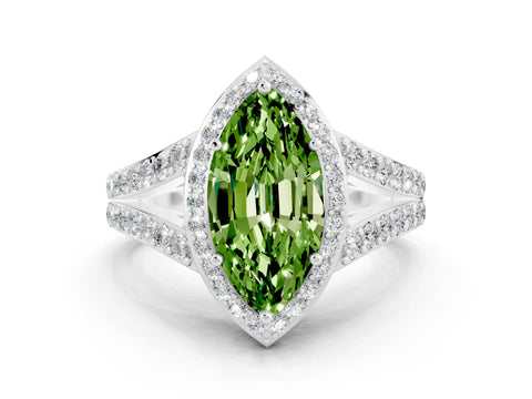 White gold Marquise Cut Peridot Split Shank Halo Ring with Four-Prong Setting_24
