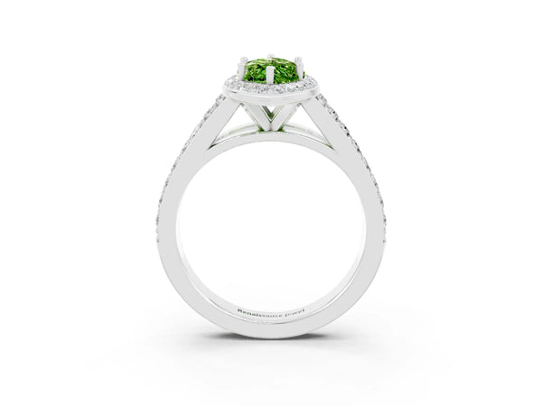 White gold Marquise Cut Peridot Split Shank Halo Ring with Four-Prong Setting