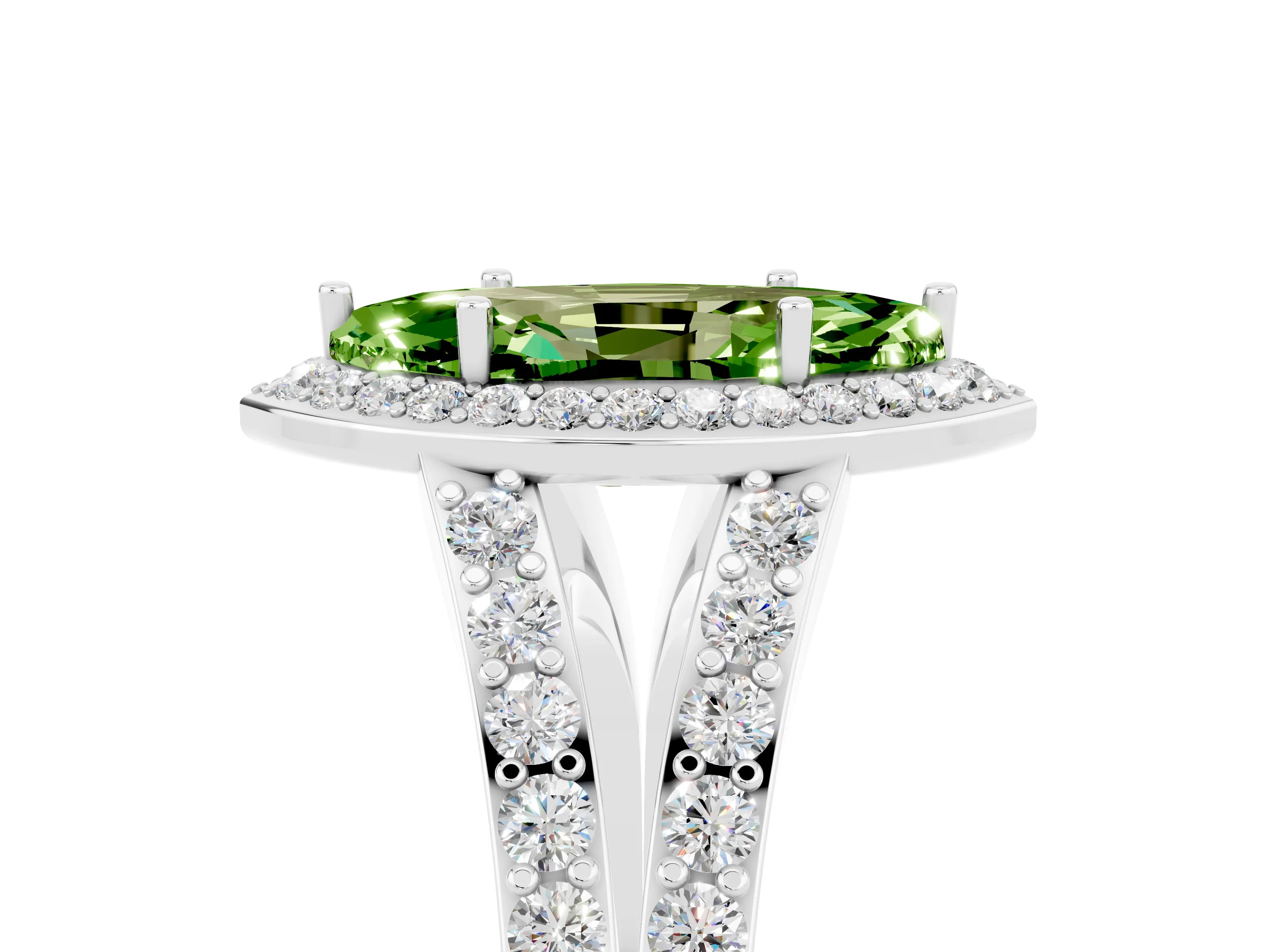 White gold Marquise Cut Peridot Split Shank Halo Ring with Four-Prong Setting_29