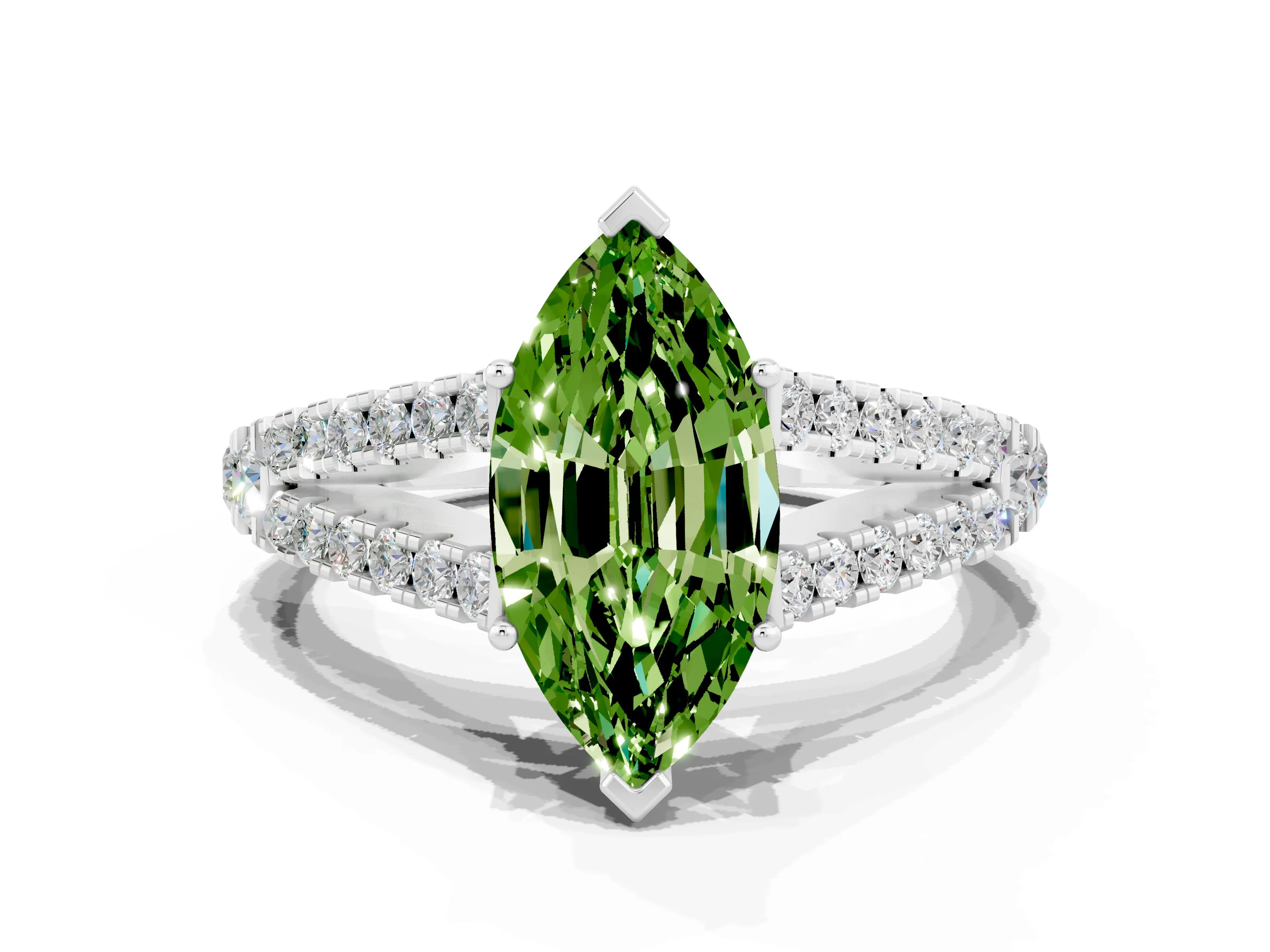 White gold Marquise Cut Peridot Split Shank Pavé Engagement Ring with Four-Prong Setting_12