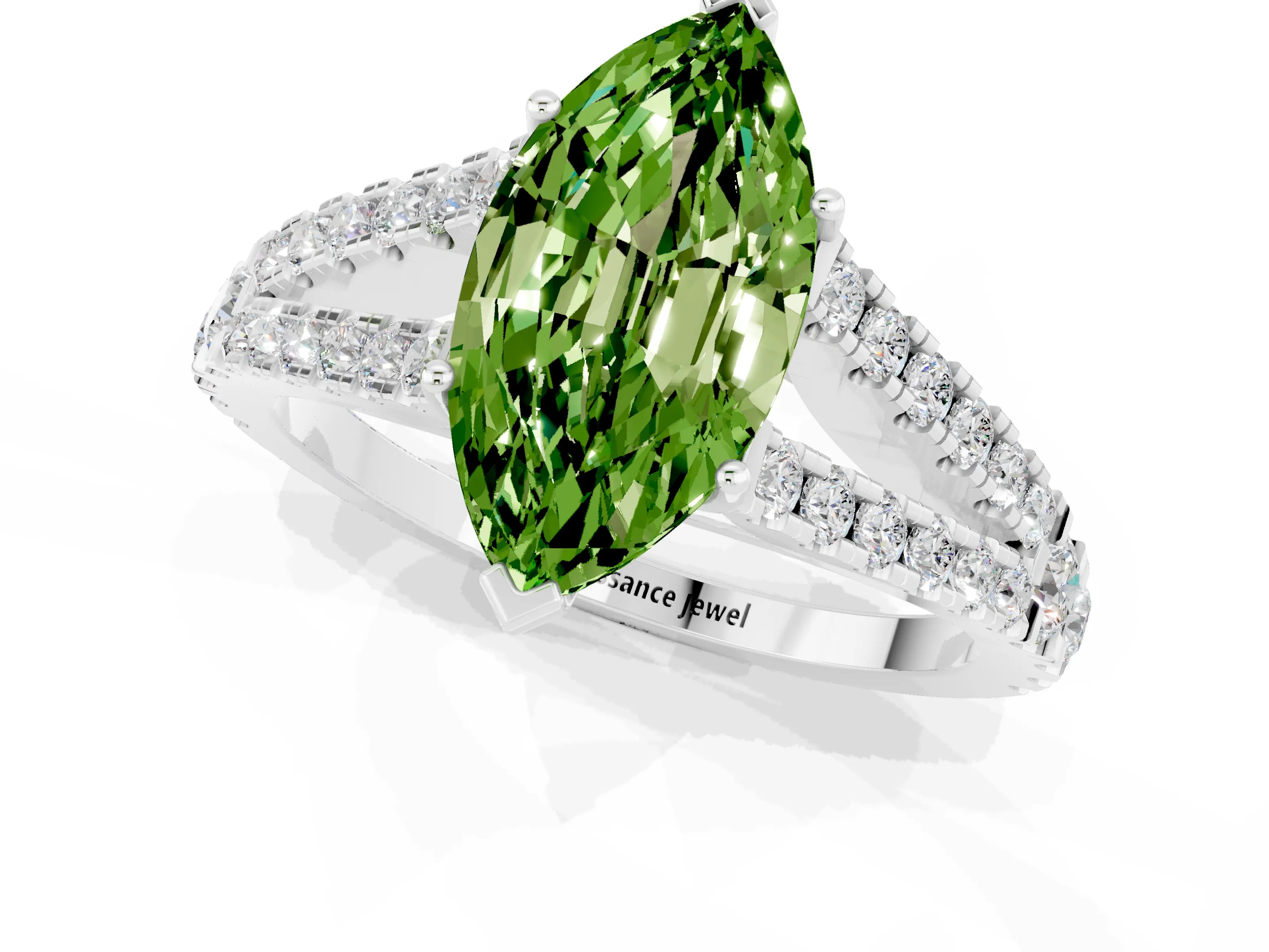 White gold Marquise Cut Peridot Split Shank Pavé Engagement Ring with Four-Prong Setting_13