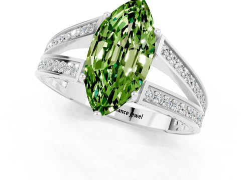White gold Marquise Cut Peridot Split Shank Ring with Pavé Band and Four-Prong Setting_1