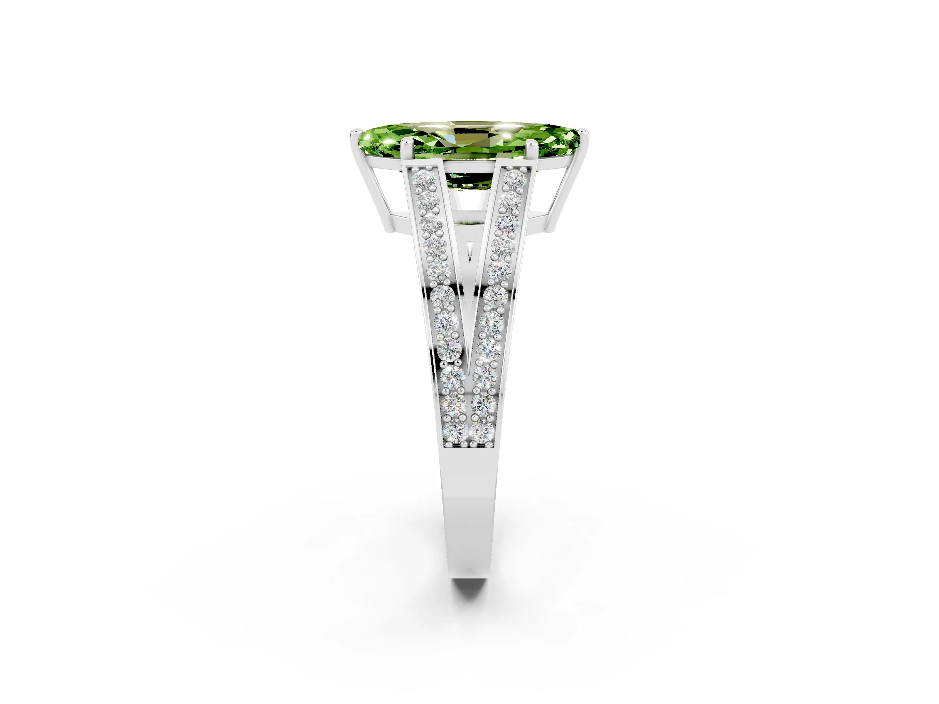 White gold Marquise Cut Peridot Split Shank Ring with Pavé Band and Four-Prong Setting_2