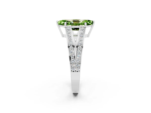 Silver Marquise Cut Peridot Split Shank Ring with Pavé Band and Four-Prong Setting