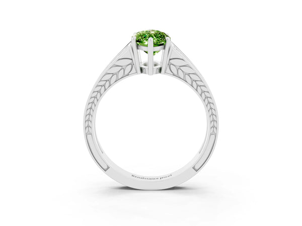 Platinum Marquise Cut Peridot Split Shank Ring with Pavé Band and Four-Prong Setting