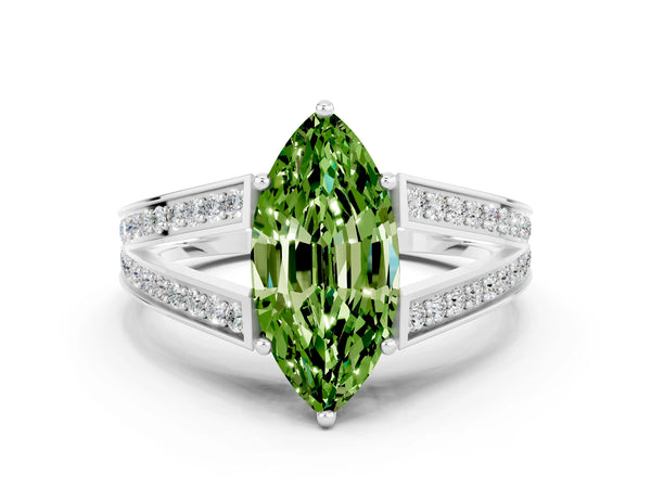 White gold Marquise Cut Peridot Split Shank Ring with Pavé Band and Four-Prong Setting