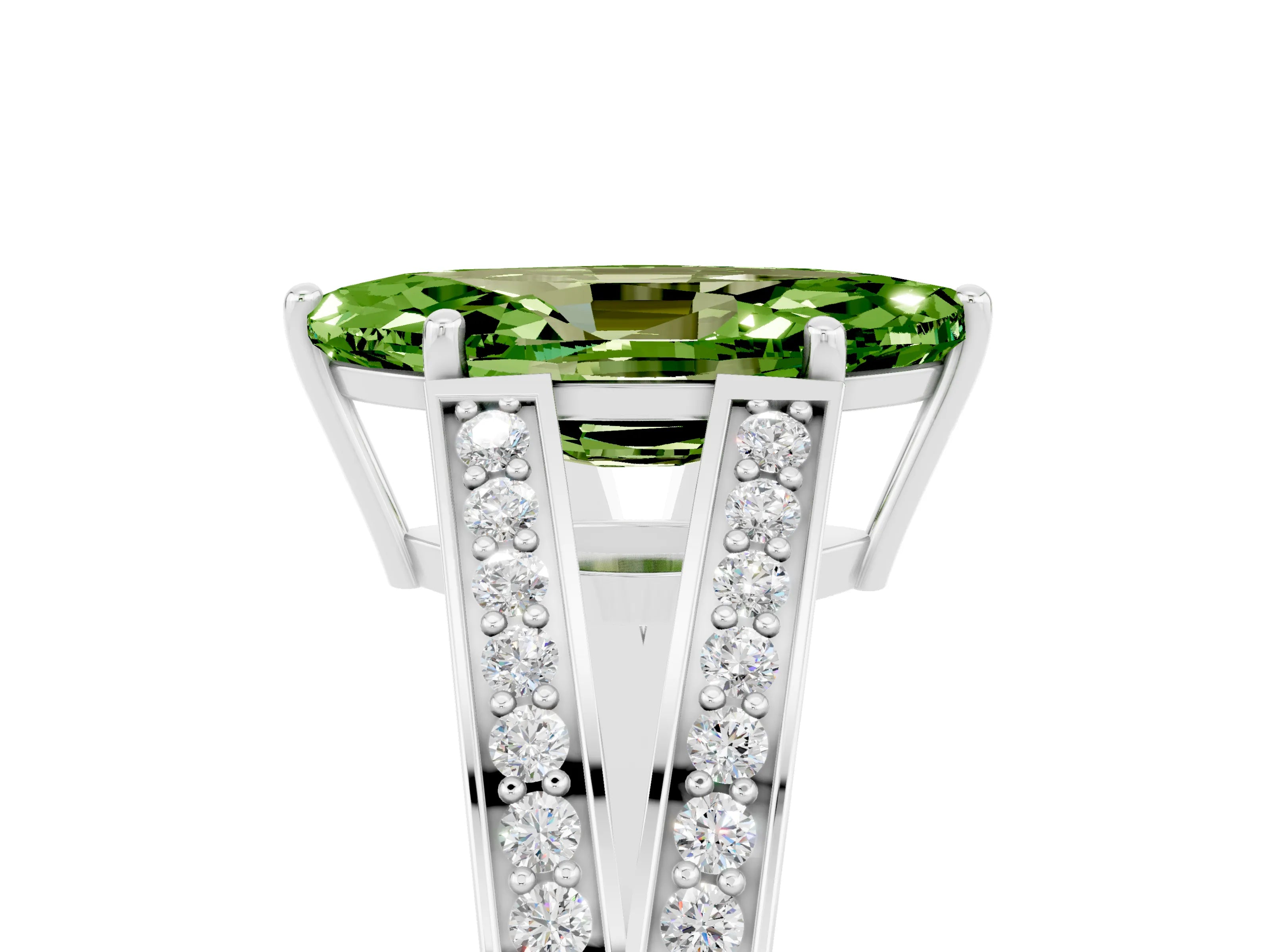 White gold Marquise Cut Peridot Split Shank Ring with Pavé Band and Four-Prong Setting_5