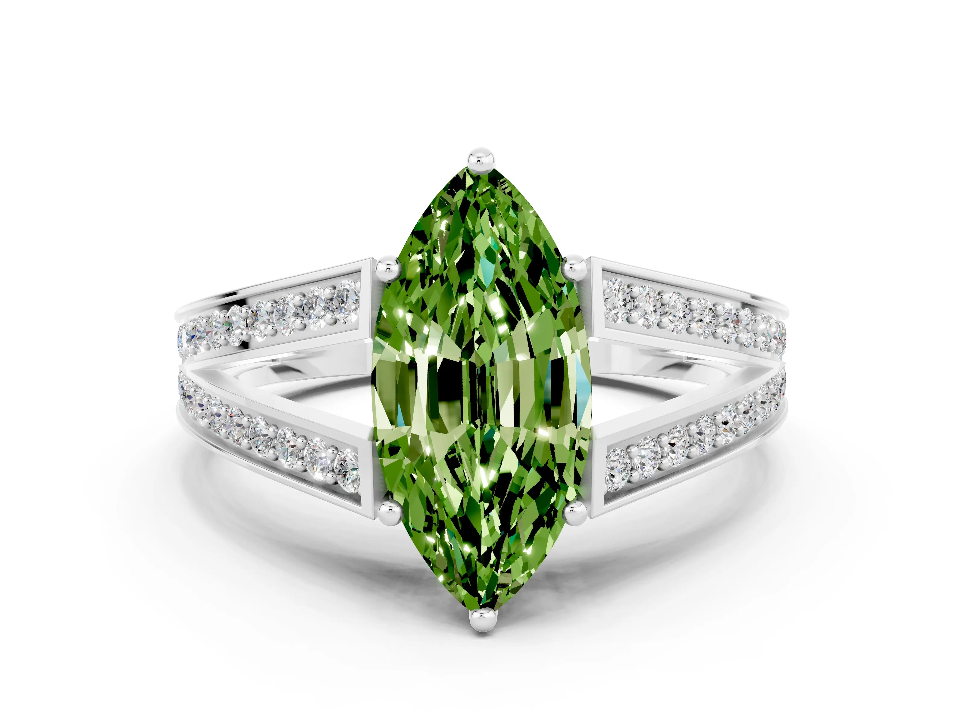 White gold Marquise Cut Peridot Split Shank Ring with Pavé Band and Four-Prong Setting