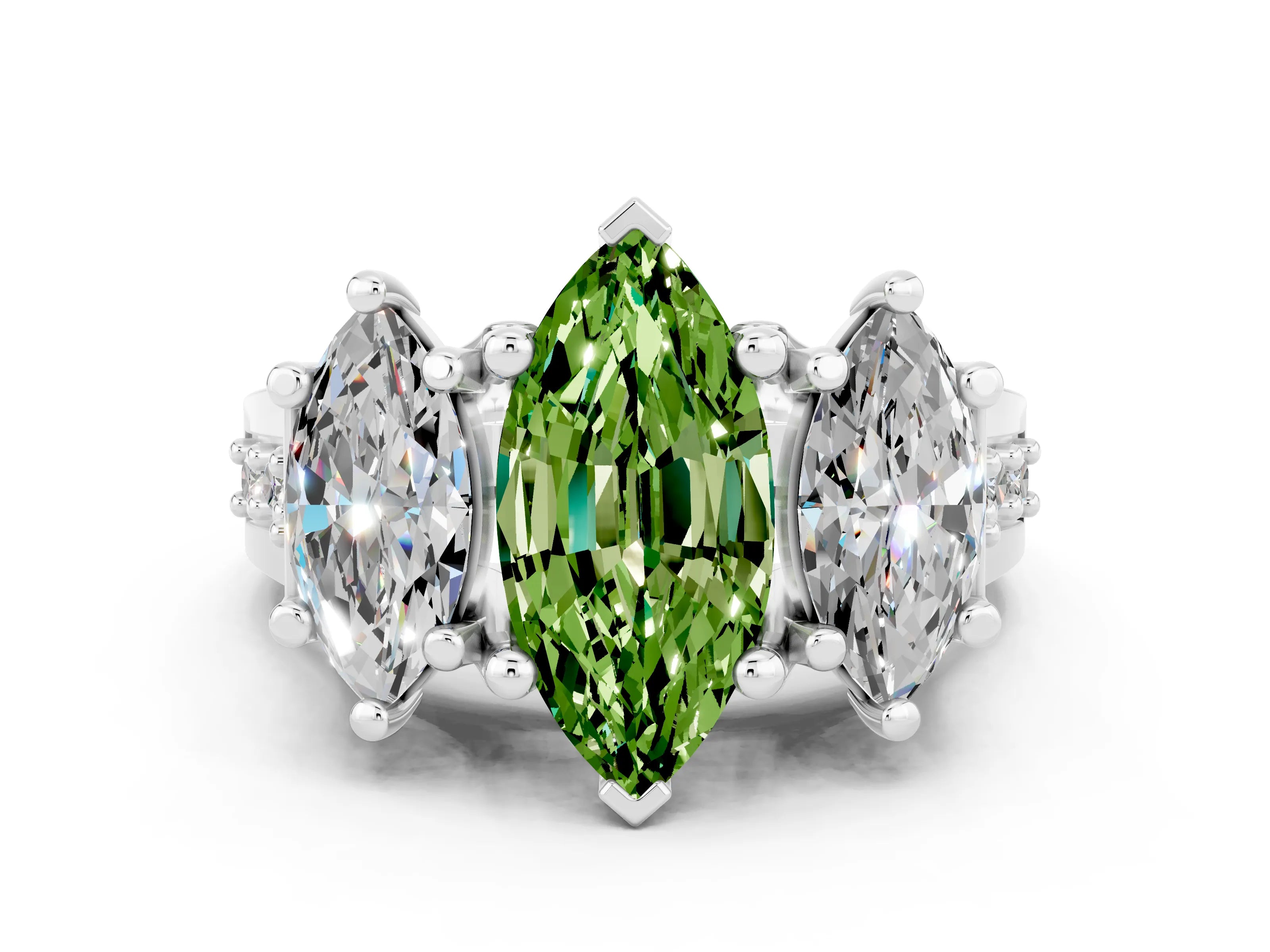 White gold Marquise Cut Peridot Three-Stone Ring with Channel Set Band and Four-Prong Setting