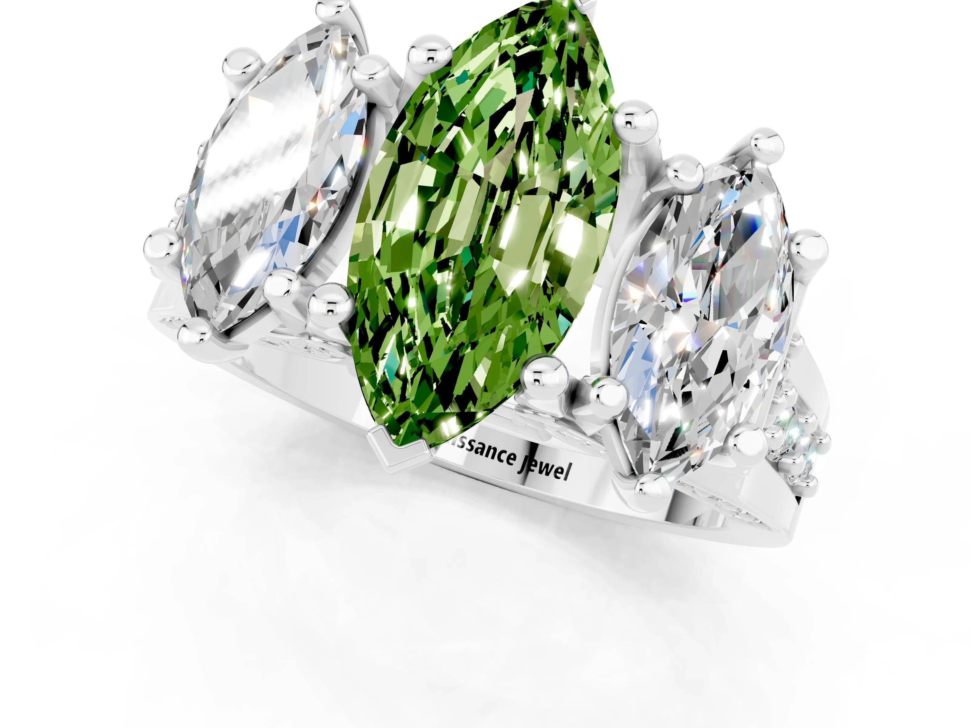 White gold Marquise Cut Peridot Three-Stone Ring with Channel Set Band and Four-Prong Setting_1