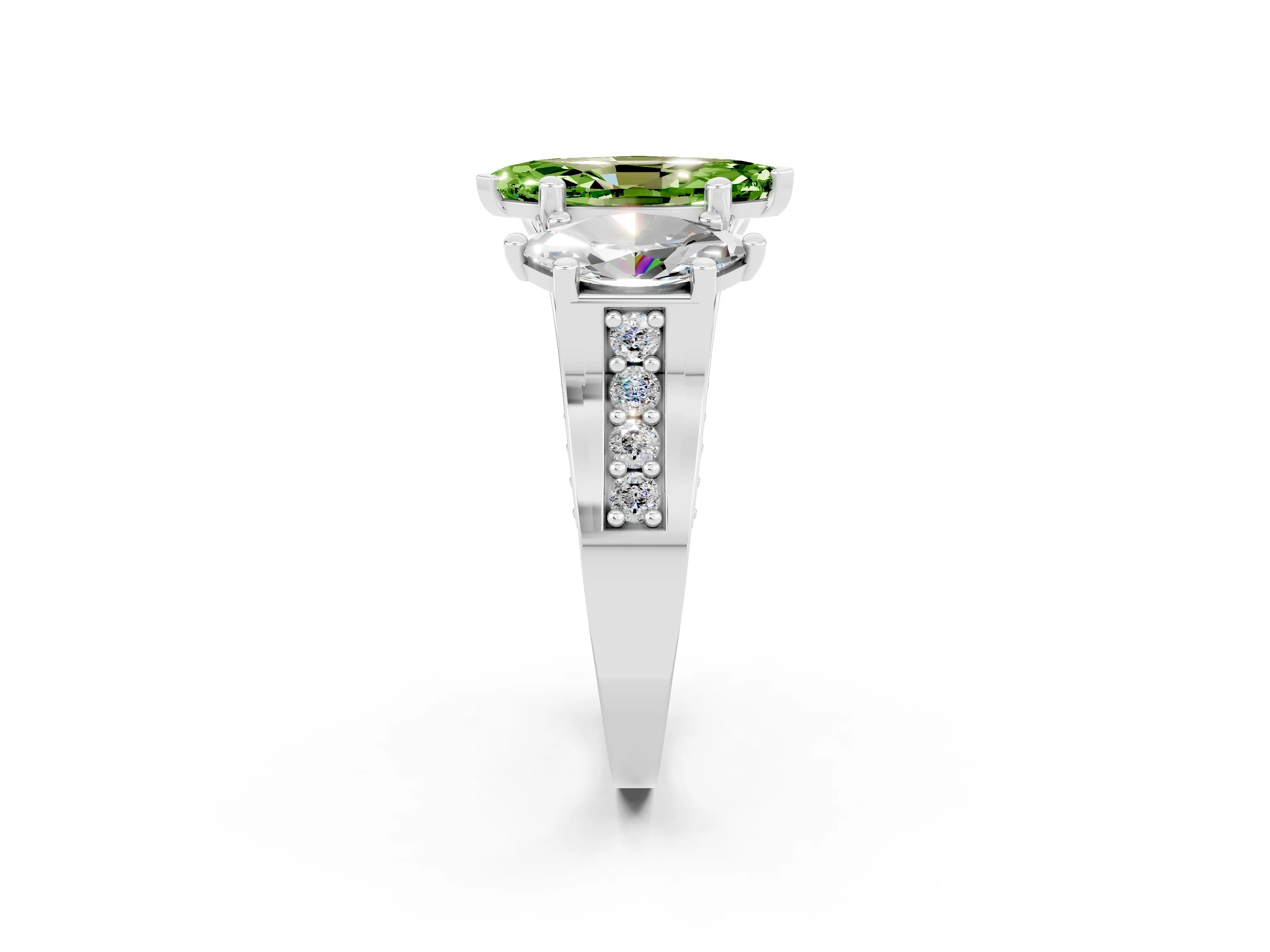 White gold Marquise Cut Peridot Three-Stone Ring with Channel Set Band and Four-Prong Setting_2