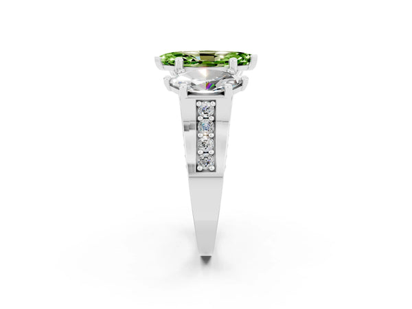 Silver Marquise Cut Peridot Three-Stone Ring with Channel Set Band and Four-Prong Setting