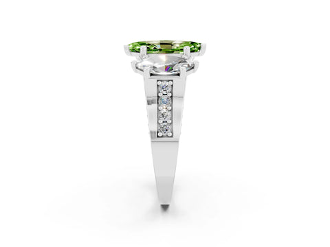 White gold Marquise Cut Peridot Three-Stone Ring with Channel Set Band and Four-Prong Setting_2