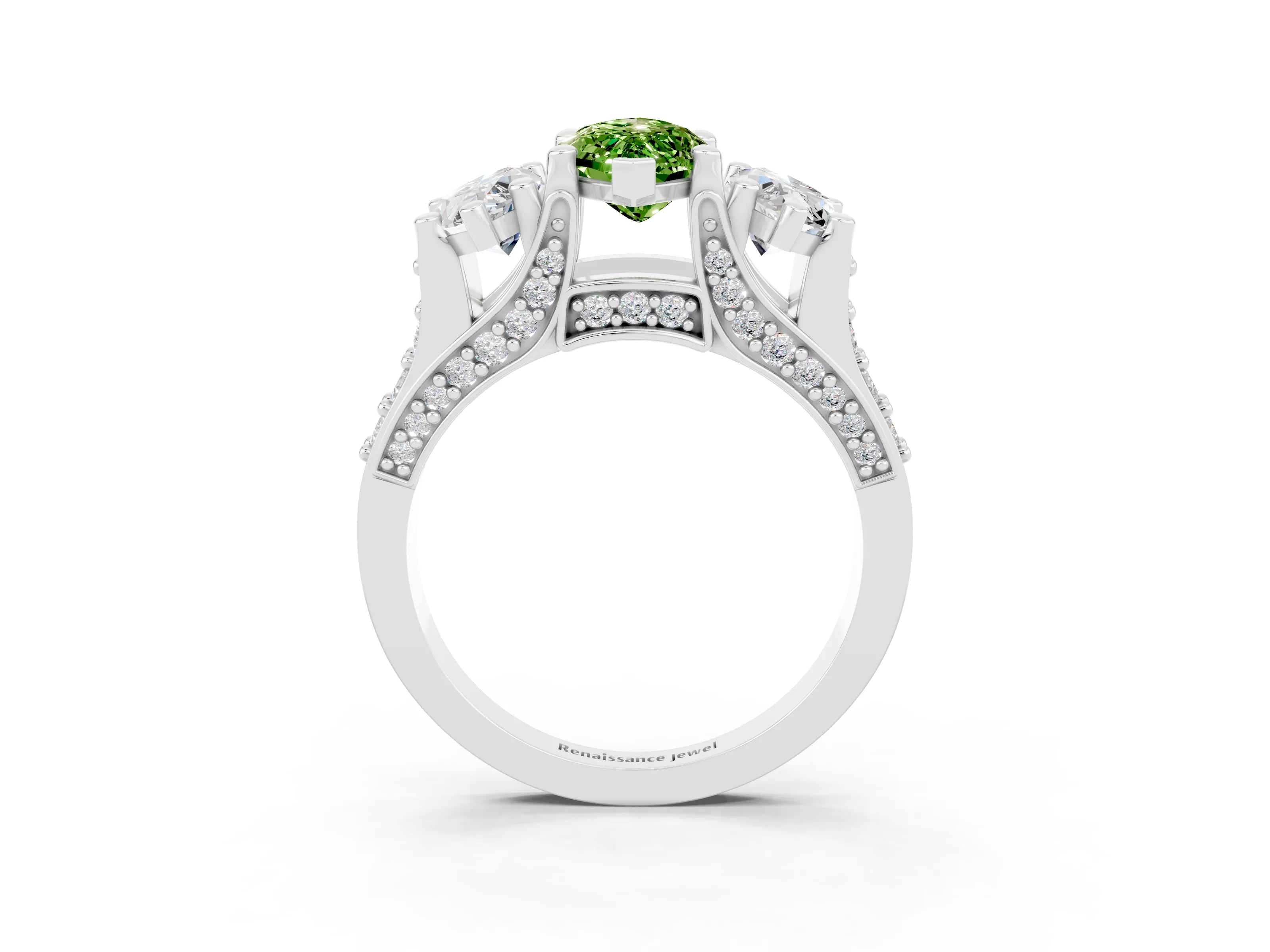 White gold Marquise Cut Peridot Three-Stone Ring with Channel Set Band and Four-Prong Setting_3