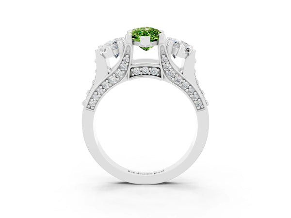 White gold Marquise Cut Peridot Three-Stone Ring with Channel Set Band and Four-Prong Setting