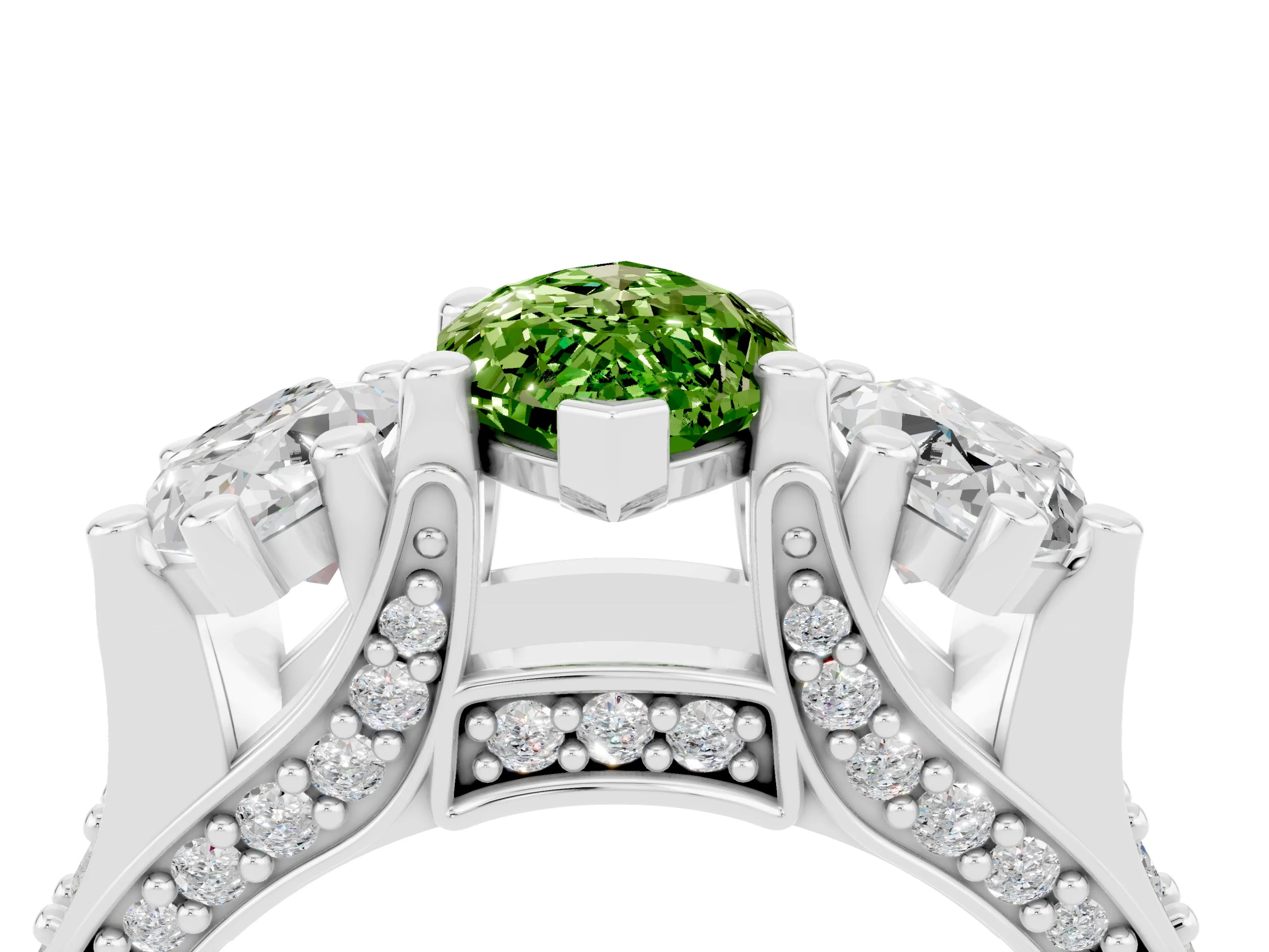 White gold Marquise Cut Peridot Three-Stone Ring with Channel Set Band and Four-Prong Setting_4