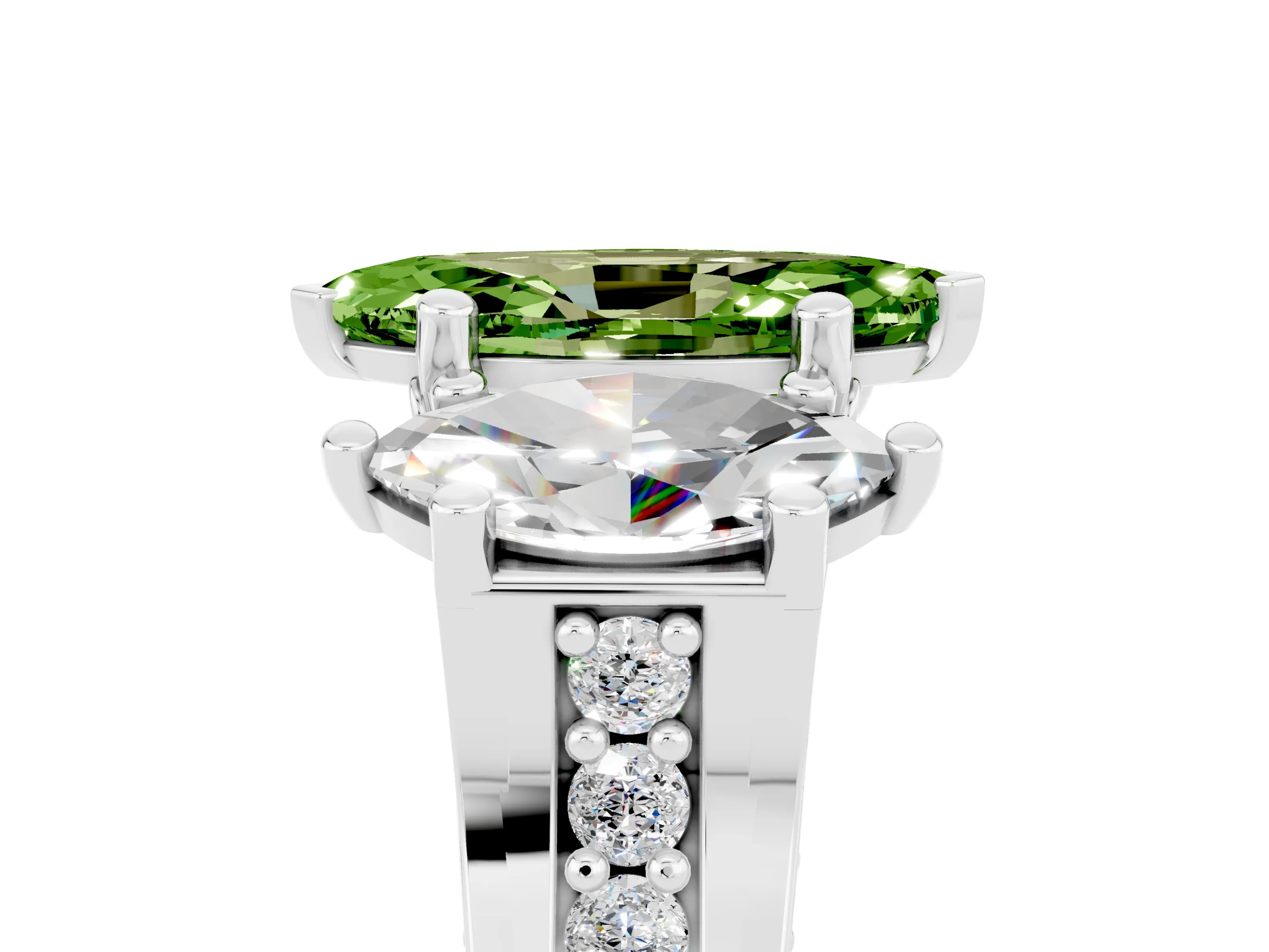 White gold Marquise Cut Peridot Three-Stone Ring with Channel Set Band and Four-Prong Setting_5