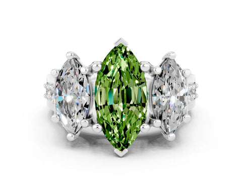White gold Marquise Cut Peridot Three-Stone Ring with Channel Set Band and Four-Prong Setting