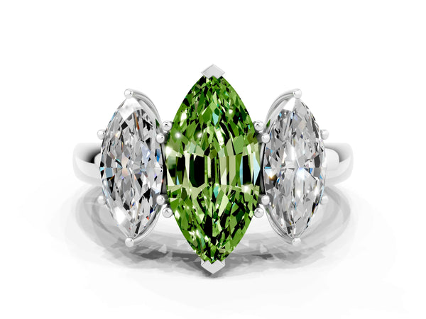 Platinum Marquise Cut Peridot Three-Stone Ring with Four-Prong Setting and Classic Band
