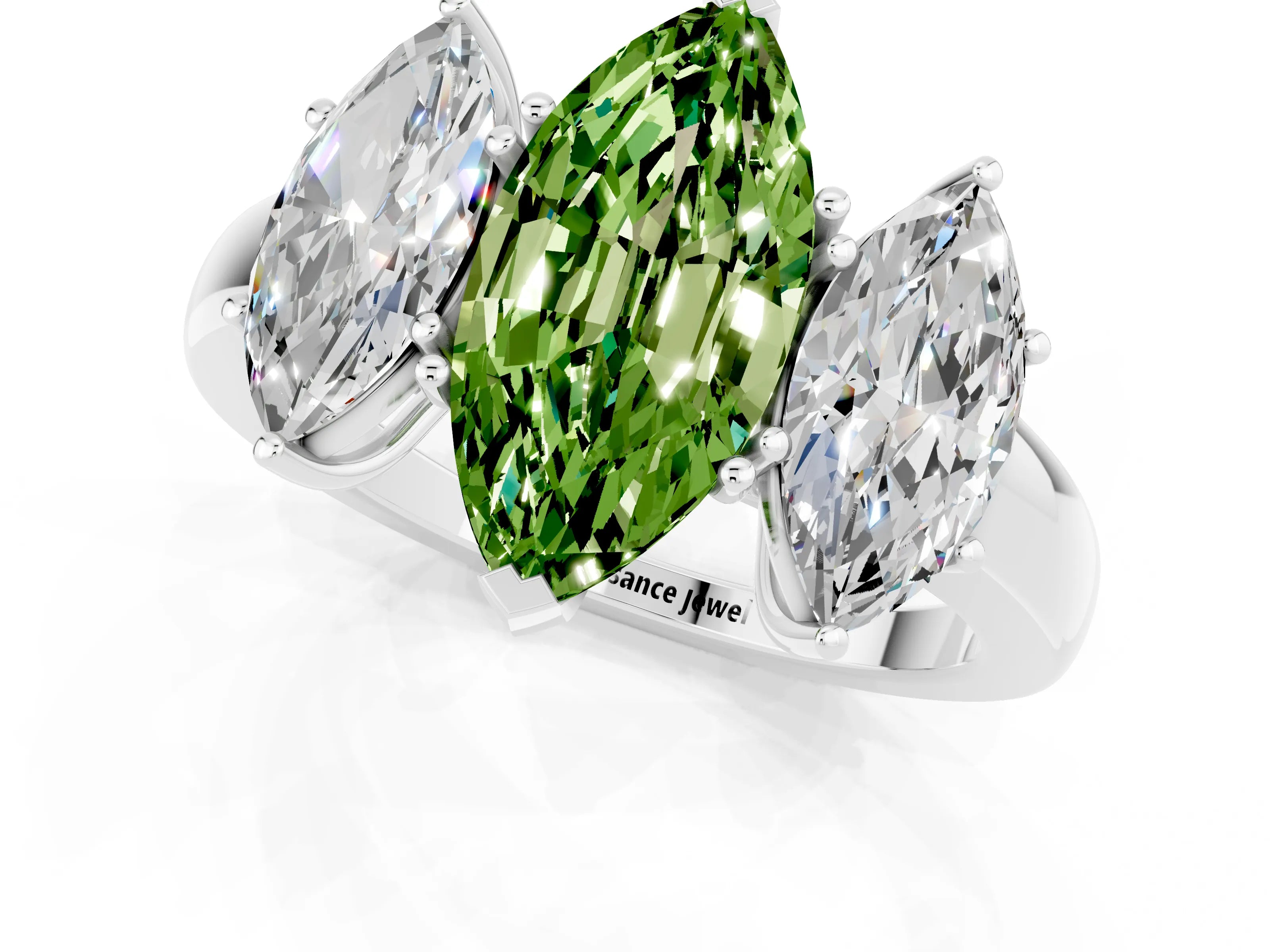 White gold Marquise Cut Peridot Three-Stone Ring with Four-Prong Setting and Classic Band_1